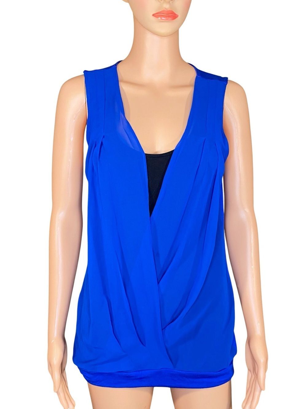 Maurices Sleeveless Blouse Royal Blue with Black Sewn In Tank Draped Front  SZ M